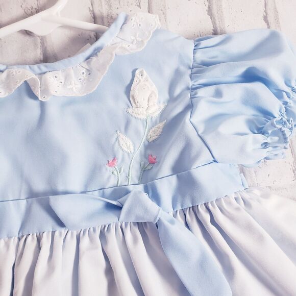 Vintage 80's Girls Double Layered Blue and White Ruffle Dress - Picture 3 of 6